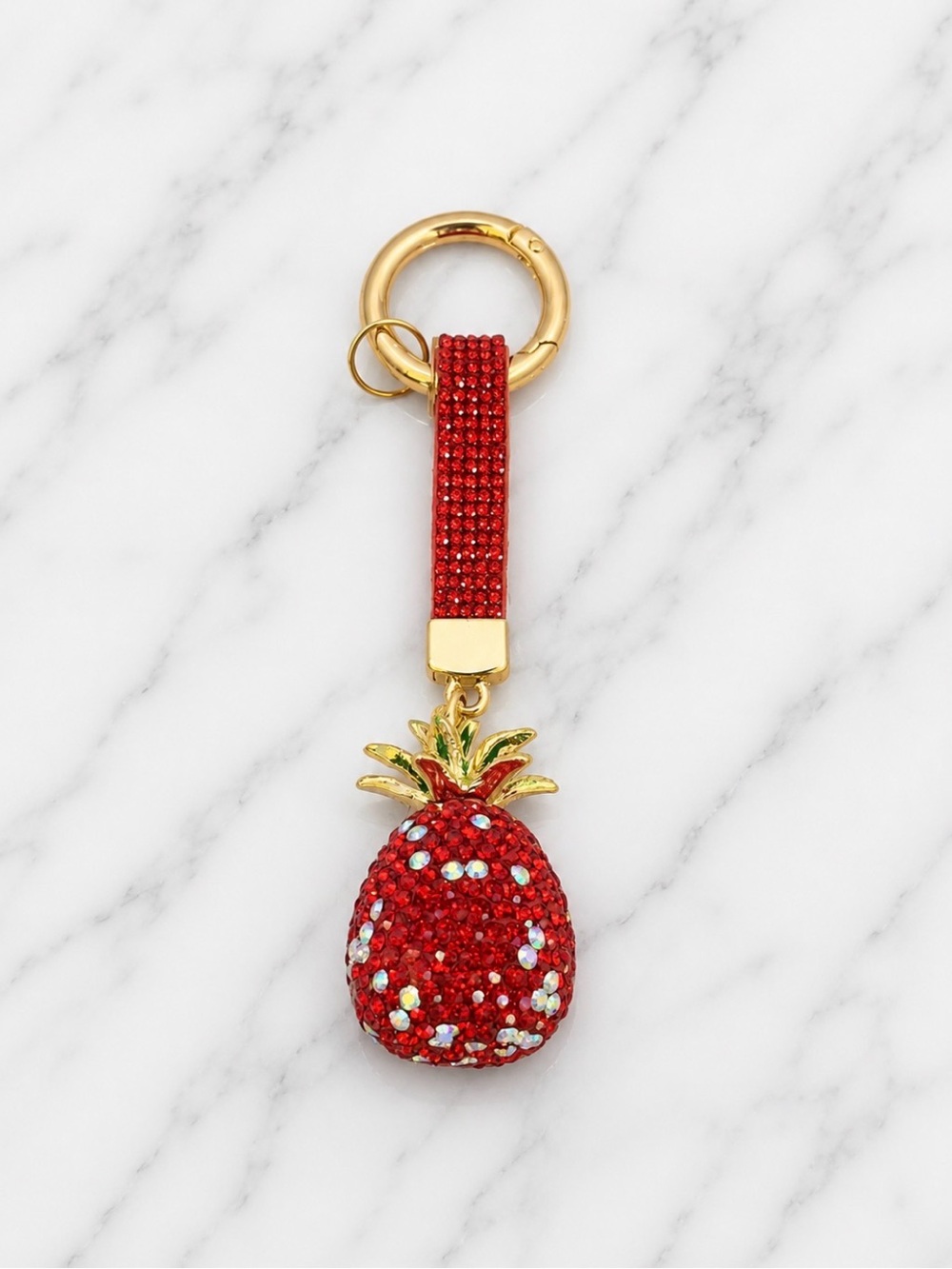 Sparkling Red Rhinestone Pineapple Bag Charm/Keyring On Gold Hardware